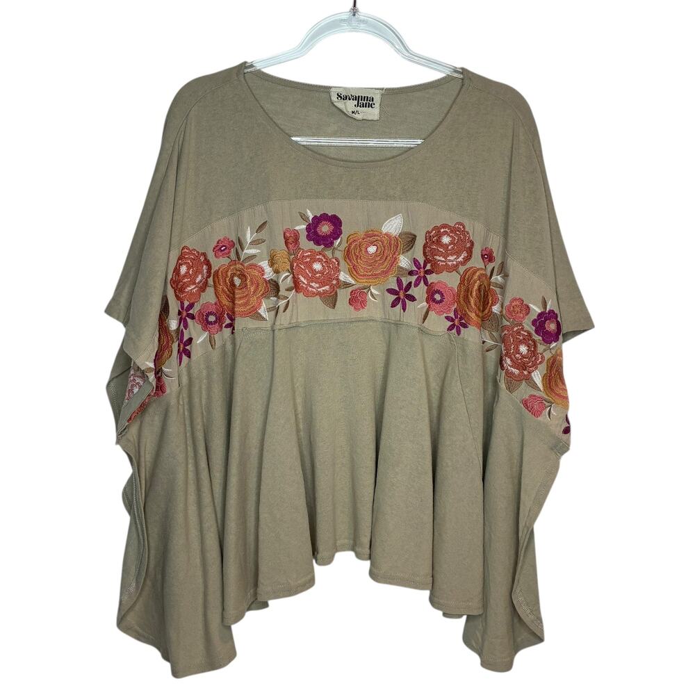 Savanna Jane Womens Size M/L Tan‎ Floral Embroridered Top Festival Boho Flowy